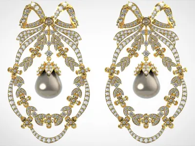 Pearl diamond stl pendant earrings with vintage design pe0003 3D print model
