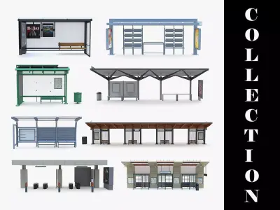 9 Bus Stop Collection Low-poly 3D model