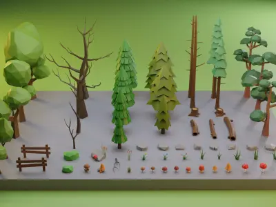 Low Poly Trees Grass and Rocks Low-poly 3D model