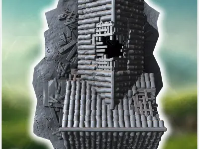Ruined building with collapsed roof broken walls and scattered w 3D print model