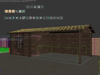 Garden shed with wooden canopy in exterior garden 3D model