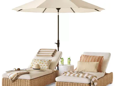 Huntington wicker chaise lounge with umbrella 3D model