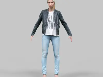 Cute girl in jeans leather jacket and bandana Rigged Low-poly 3D model