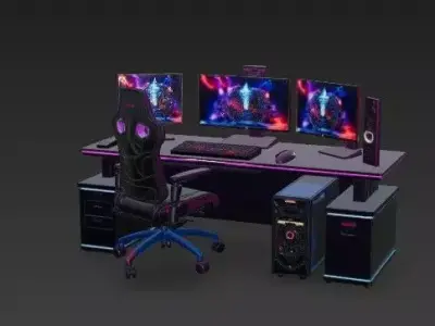 Ultimate RGB Gaming Setup 3D Model -Triple Monitor Station 3D model