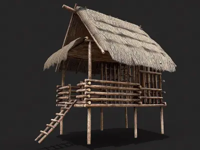 Primitive Wooden Shelter with Thatch Roof 3  Low-poly 3D model