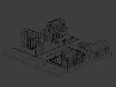 Neighborhood house and street at night Low-poly 3D model