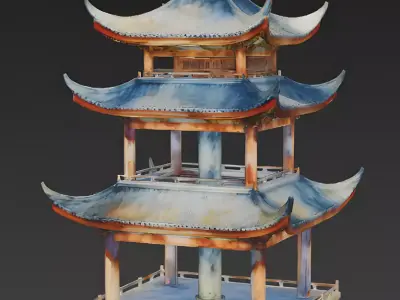 Stylized Watercolor Fantasy Pagoda 3D Model Low-poly 3D model