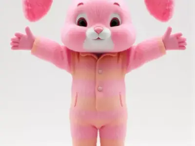 Pink Furry Bunny Character Model Rigged and Animated Low-poly 3D model