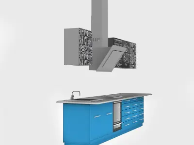 Loft kitchen with blue facades 3D model