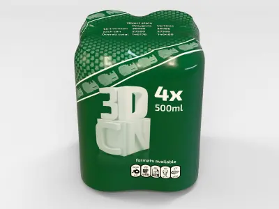 Model of 4 500ml cans in a plastic shrinkwrap 3D model