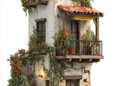 Mediterranean Two Story Villa with Flowers Ivy Game Ready Asset Low-poly 3D model