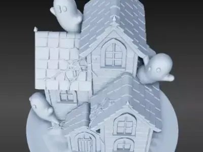 Cartoon Haunted House with Three Ghosts 3D print model