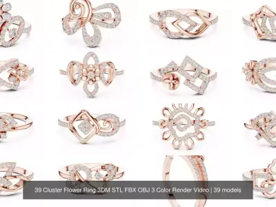 39 Cluster Flower Ring 3DM STL FBX OBJ 3 Color Render Video 3D Model Pack