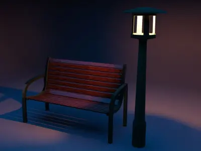 Park bench with lantern Low-poly 3D model