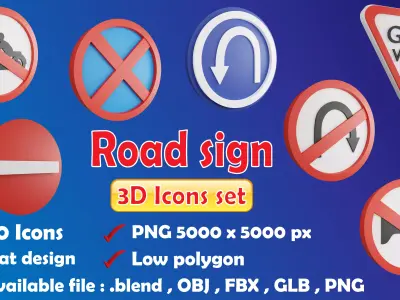 Road sign or Traffic sign 3D icon flat design collection no 2 Low-poly 3D model