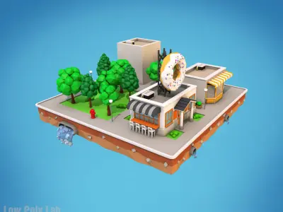 Cartoon City Block Dount Cafe Building Low-poly 3D model