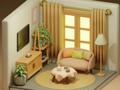 Interior-building cute living room isometric  Free 3D model