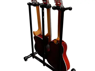 Acoustic Guitar Stand with Four Guitars Low-poly 3D model