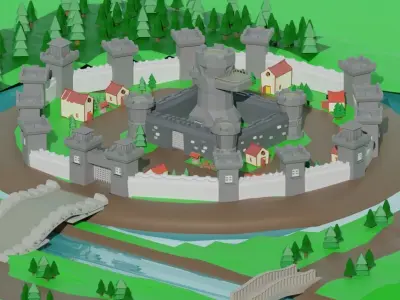 Low Poly Kingdom toy castle in middle of field Low-poly 3D model