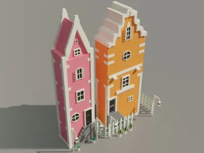 10 Amsterdam old houses Low-poly 3D model