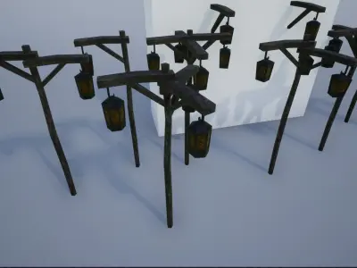 Lowpoly Medieval Wooden Postlamps Low-poly 3D model