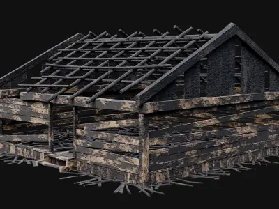 BURNED WOODEN HOUSES RUIN DESTROYED COTTAGE OLD COLLECTION Low-poly 3D model