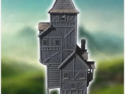 Medieval half-timbered stone building with large awning 35 - Med 3D print model