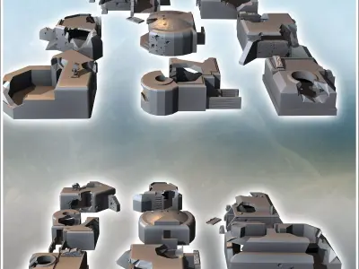 Set of eight damaged modern military bunkers with heavy artiller 3D print model purchase