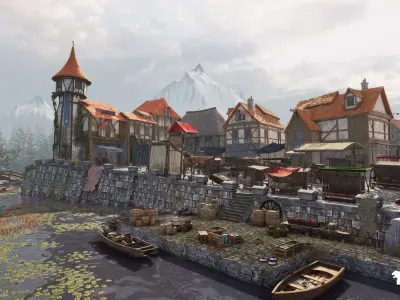 Medieval Lakeside Town Low-poly 3D model