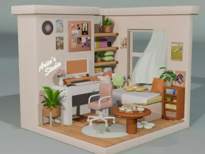 Isometric Room Bed Room Yellow 3D model