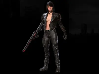 CyborgKiller woman holding gun Low-poly 3D model