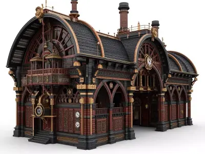 Steampunk Grand Victorian Train Station 3D Model Low-poly 3D model