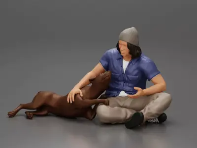 Man in a bonnet sitting crossing his legs and hugging a dog 3D print model