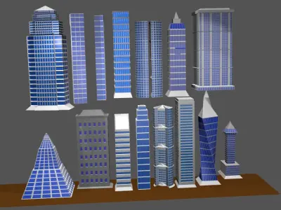 15 contents city package containing 15 towers cartoon Low-poly 3D model