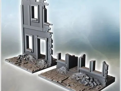 Set of ruined walls with debris on the ground 10 - Modern WW2 WW 3D print model