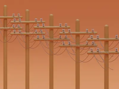 Wooden Telephone Pole Power Line Low-poly 3D model