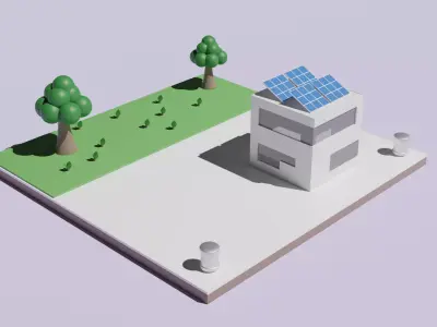  Isometric scene of a building with solar panel grass Low Poly Free low-poly 3D model