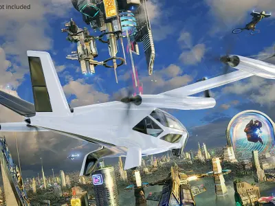  Futuristic eVTOL Aircraft with Urban Design Light On White Rigged for Cinema 4D 