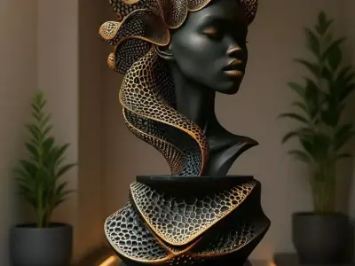 3D Printed Bust Sculpture Black Woman Golden Lattice Low-poly 3D model