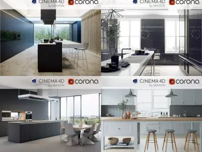  Corona C4D Scene files - 4 x Kitchen Scenes 3D Model Pack