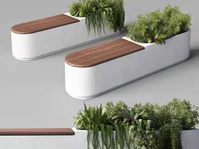 Deco Street furniture Green Benches Plants fern grass bush 15 Low-poly 3D model