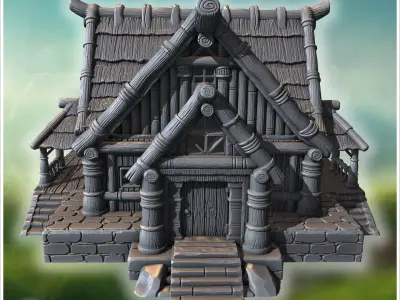 Rustic wooden house with overlapping roof shingles thick wooden  3D print model