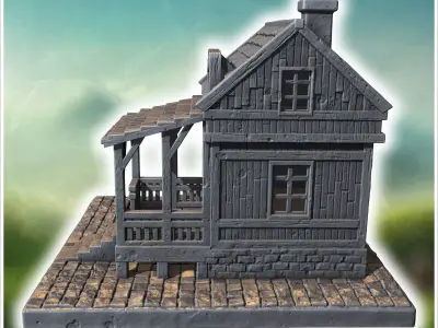 Wooden bar with a wide porch stone steps and a sign above the ro 3D print model