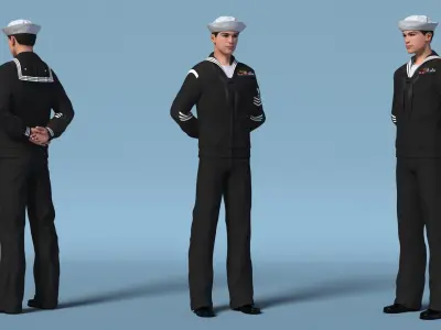  US Navy Asian Sailor in Black Uniform Standing Pose 