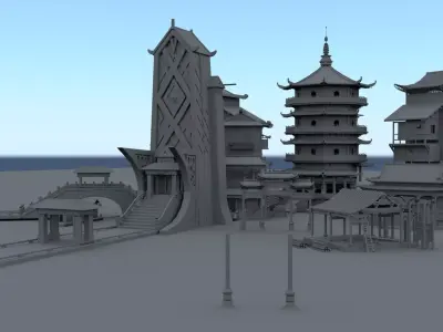 building chinese village on beach Low-poly 3D model