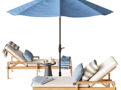 Malibu teak chaise longue with umbrella 3D model