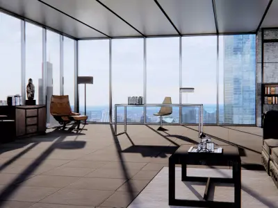 office modern living room with floor to ceiling windows 3D model