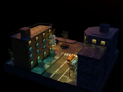 Cartoon city night street low poly PBR Low-poly 3D model