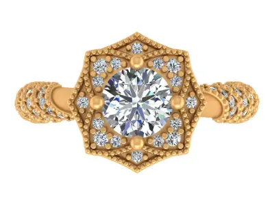  Hexagonal Halo Engagement Ring with Pave-Set Band AND Milgrain 3D print model