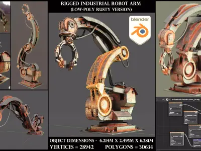 Rigged Industrial Robot Arm Rusty Version Low-poly 3D model